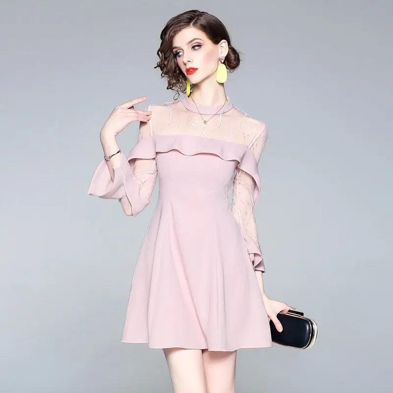 "Spring and Summer Women's Mesh Splicing Ruffle Dress - Celebrity Perspective Sheath Dresses - Butterfly Sleeve Cloth - Fit For Life Brands"